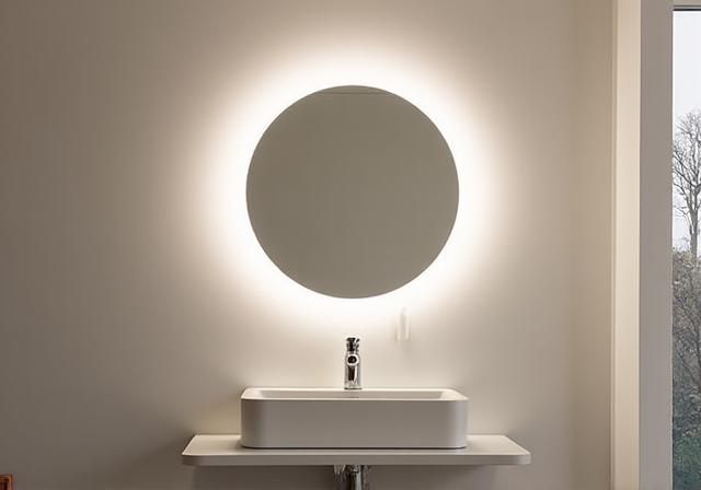 A round Bondi series mirror with backlighting activated.
