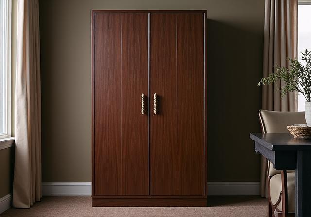 The Centennial tall cabinet in a dark walnut finish with brass handles.