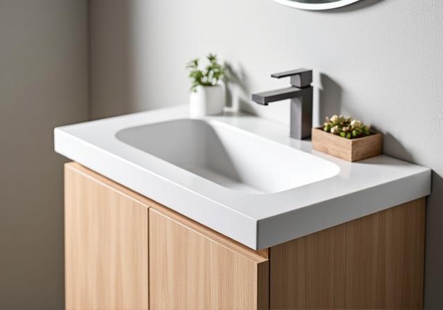 The Sorrento vanity in a light oak finish with a white basin.