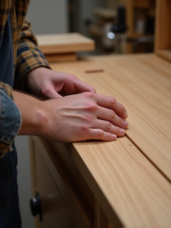 A close-up of an artisan hand-finishing a wooden bathroom cabinet.
