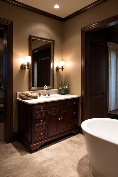 A luxurious bathroom featuring a dark wood Centennial vanity and a freestanding tub.