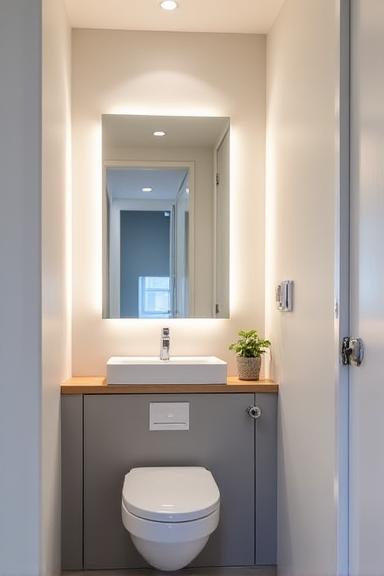 A clever and stylish compact ensuite using a wall-hung vanity to save space.