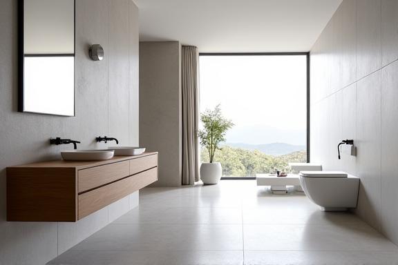 A minimalist bathroom with a floating Sorrento vanity and large format tiles.