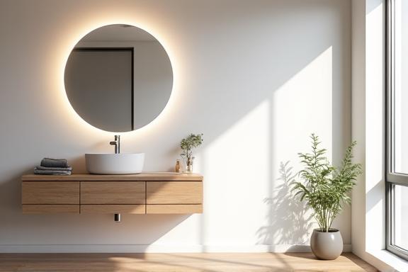 A bright, scandinavian-inspired bathroom with light wood and a backlit Bondi mirror.